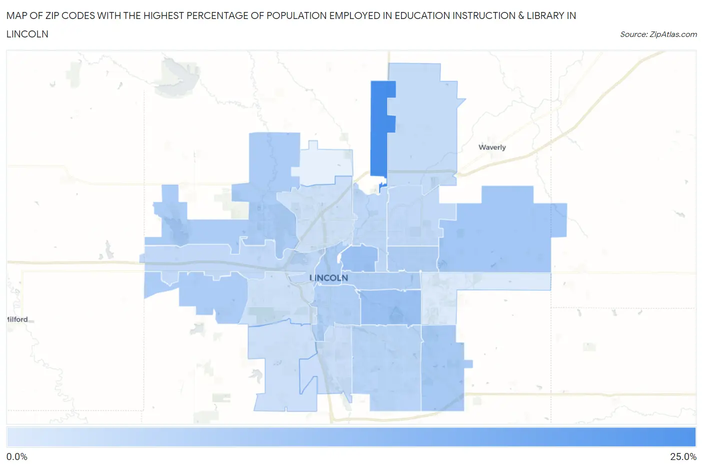 Zip Codes with the Highest Percentage of Population Employed in Education Instruction & Library in Lincoln Map