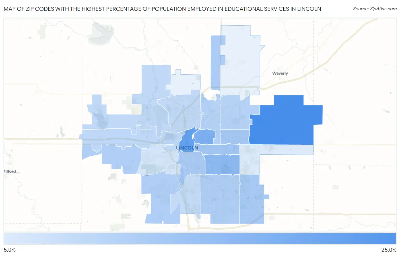 Zip Codes with the Highest Percentage of Population Employed in Educational Services in Lincoln Map