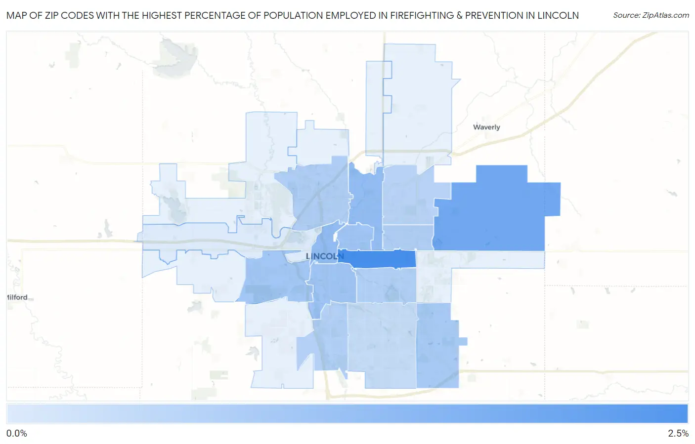 Zip Codes with the Highest Percentage of Population Employed in Firefighting & Prevention in Lincoln Map