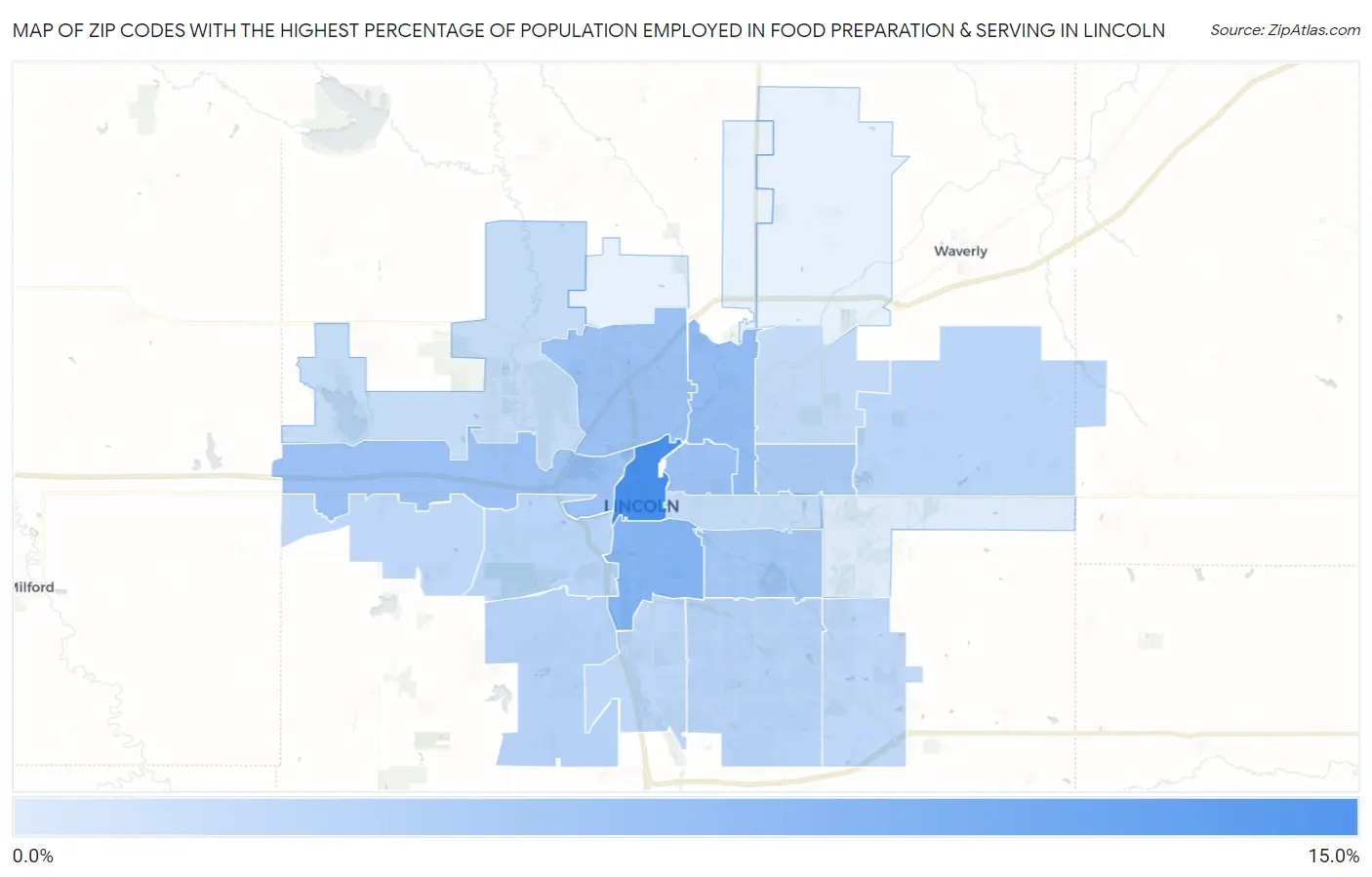 Zip Codes with the Highest Percentage of Population Employed in Food Preparation & Serving in Lincoln Map