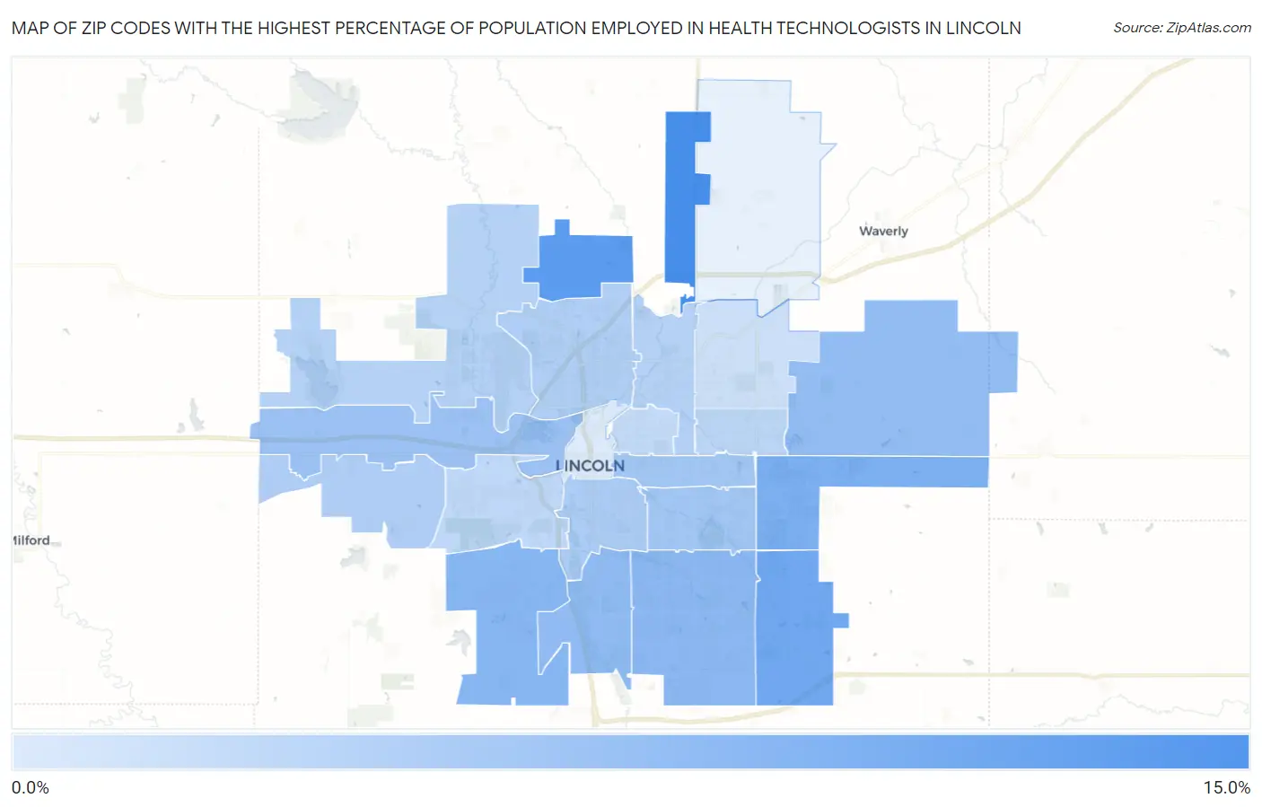 Zip Codes with the Highest Percentage of Population Employed in Health Technologists in Lincoln Map