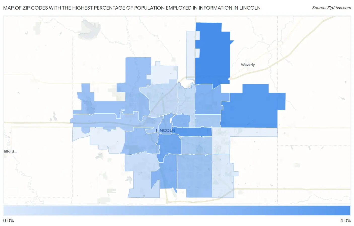 Zip Codes with the Highest Percentage of Population Employed in Information in Lincoln Map