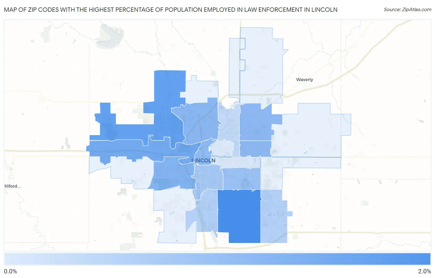 Zip Codes with the Highest Percentage of Population Employed in Law Enforcement in Lincoln Map