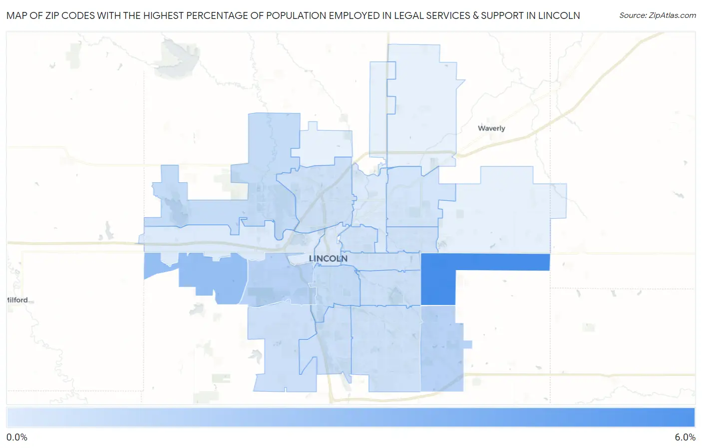 Zip Codes with the Highest Percentage of Population Employed in Legal Services & Support in Lincoln Map