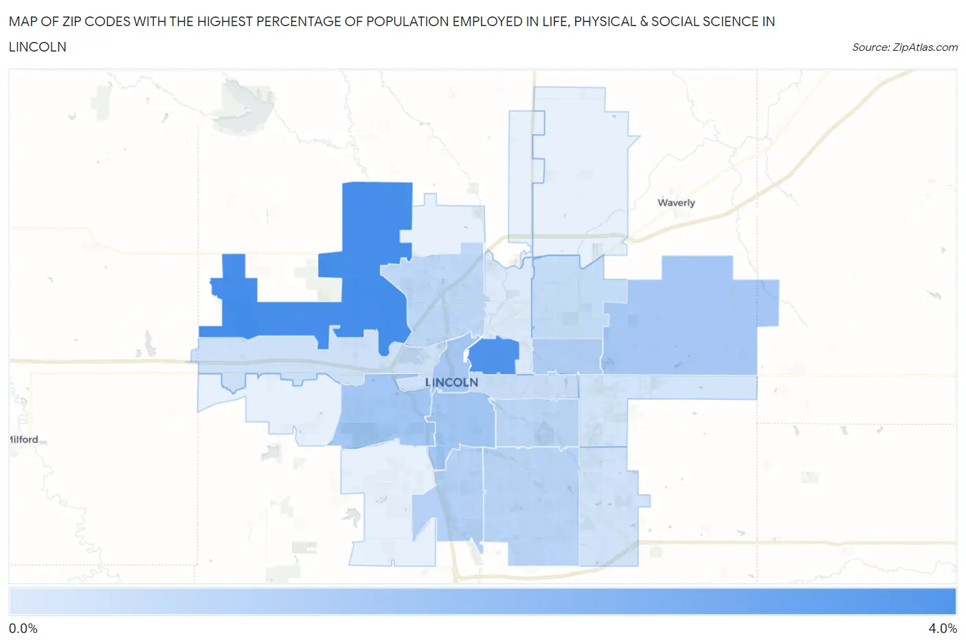 Zip Codes with the Highest Percentage of Population Employed in Life, Physical & Social Science in Lincoln Map