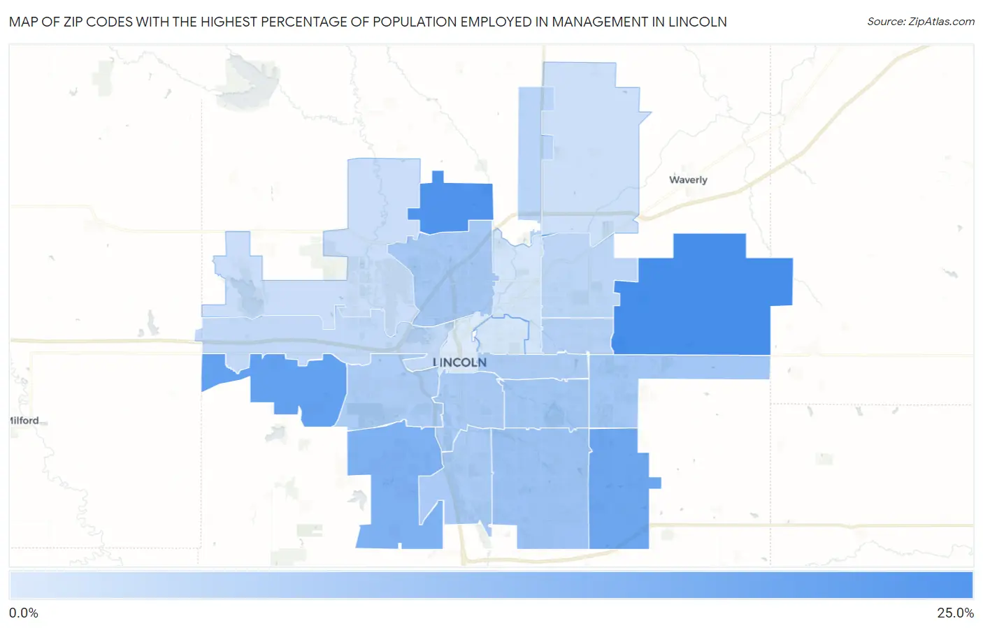 Zip Codes with the Highest Percentage of Population Employed in Management in Lincoln Map