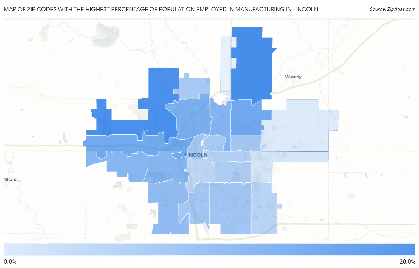 Zip Codes with the Highest Percentage of Population Employed in Manufacturing in Lincoln Map