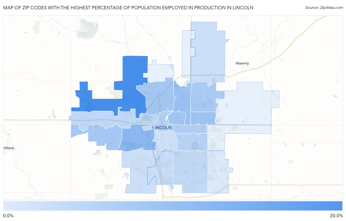 Zip Codes with the Highest Percentage of Population Employed in Production in Lincoln Map