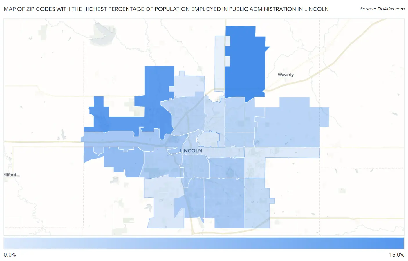 Zip Codes with the Highest Percentage of Population Employed in Public Administration in Lincoln Map