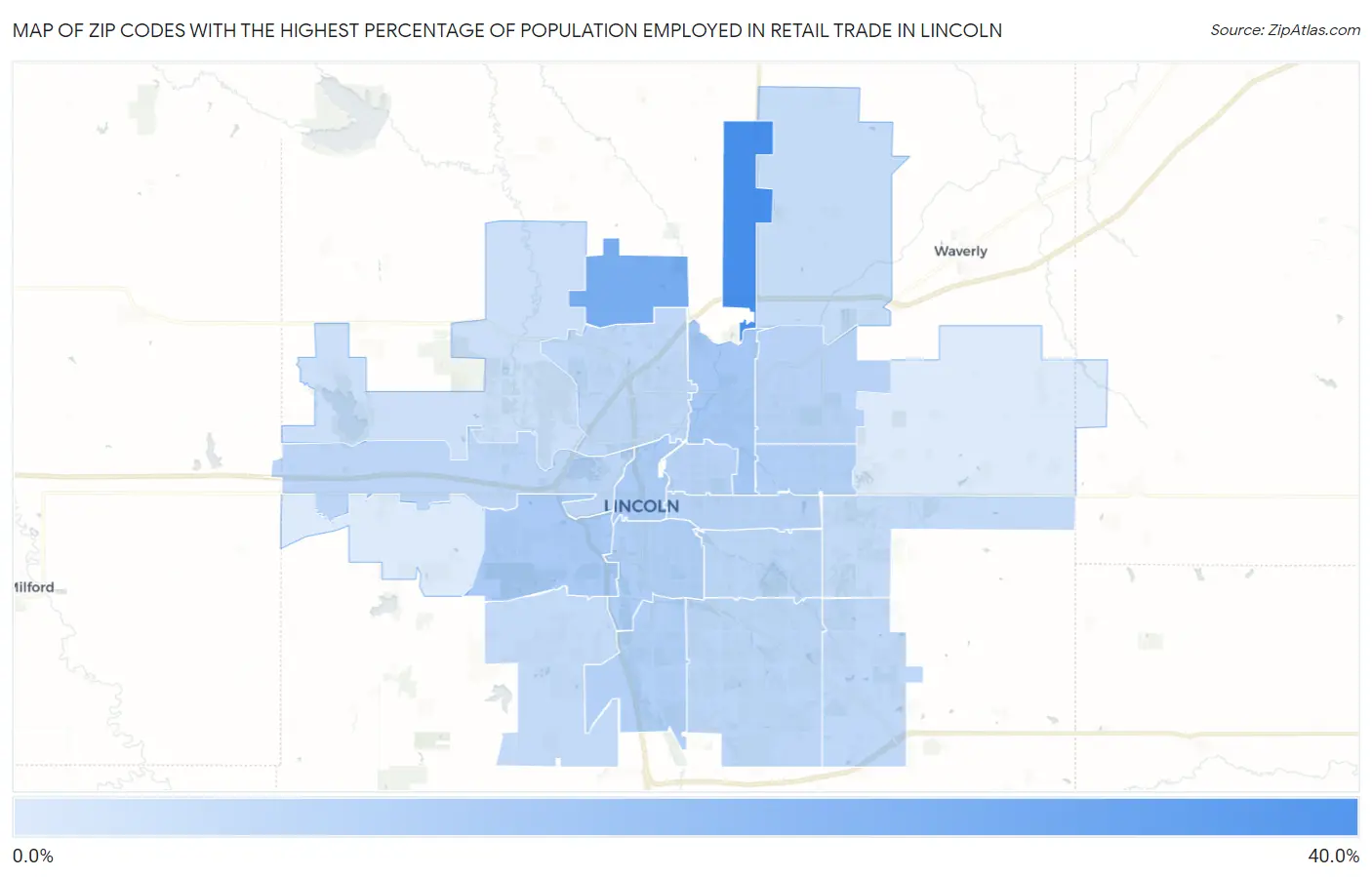 Zip Codes with the Highest Percentage of Population Employed in Retail Trade in Lincoln Map