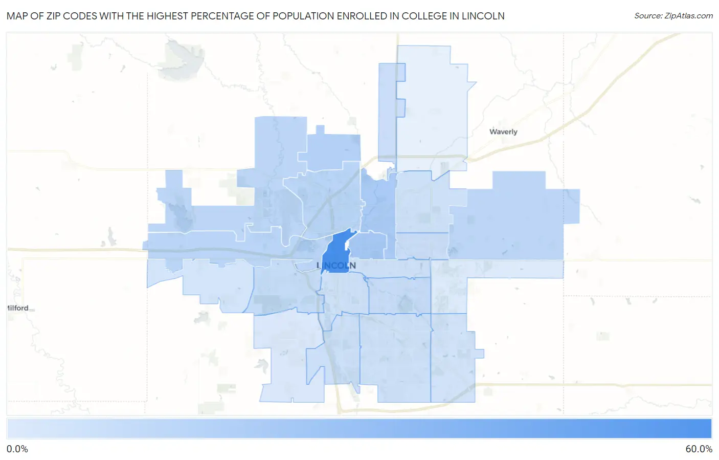 Zip Codes with the Highest Percentage of Population Enrolled in College in Lincoln Map