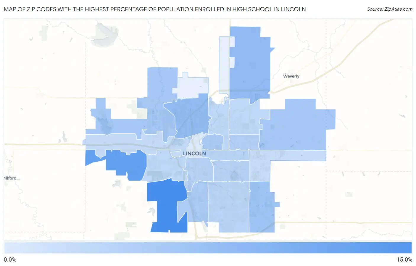 Zip Codes with the Highest Percentage of Population Enrolled in High School in Lincoln Map