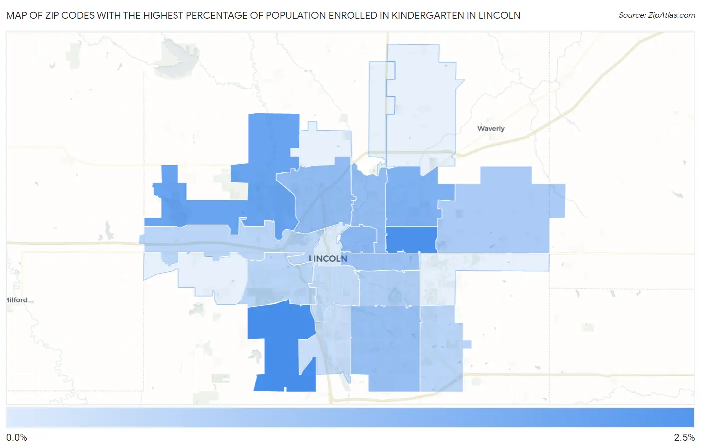 Zip Codes with the Highest Percentage of Population Enrolled in Kindergarten in Lincoln Map