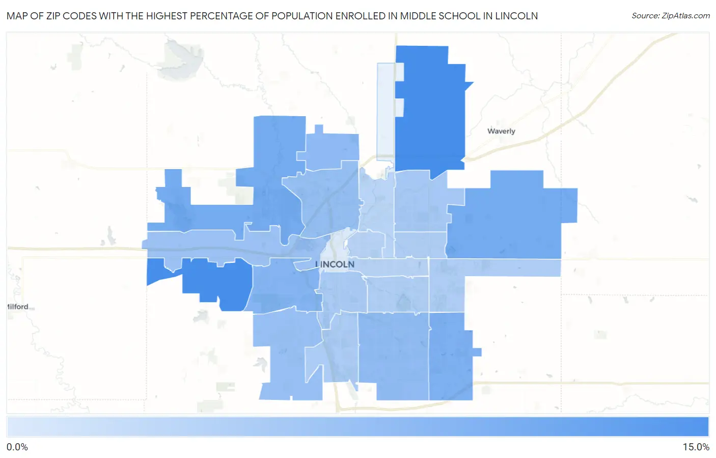 Zip Codes with the Highest Percentage of Population Enrolled in Middle School in Lincoln Map