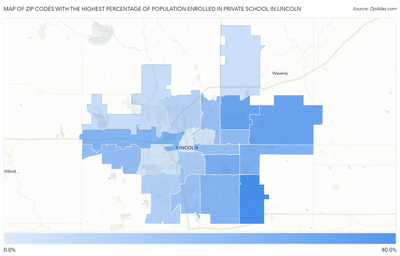 Zip Codes with the Highest Percentage of Population Enrolled in Private School in Lincoln Map