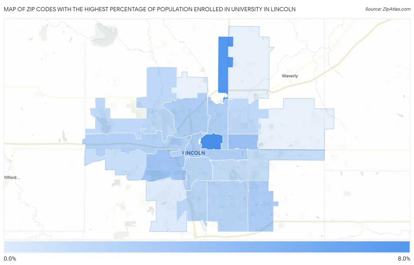 Zip Codes with the Highest Percentage of Population Enrolled in University in Lincoln Map