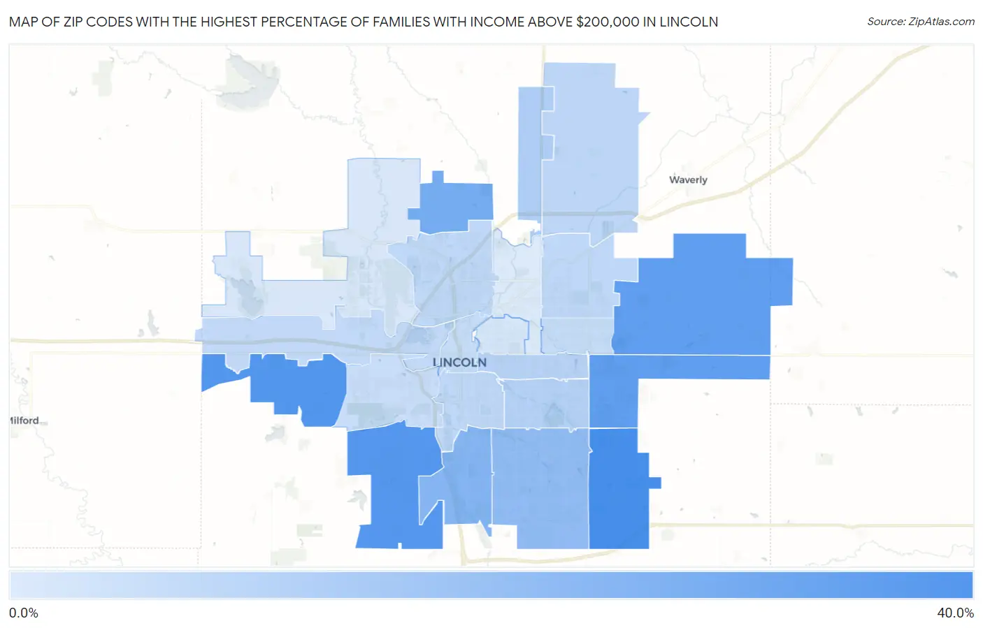 Zip Codes with the Highest Percentage of Families with Income Above $200,000 in Lincoln Map
