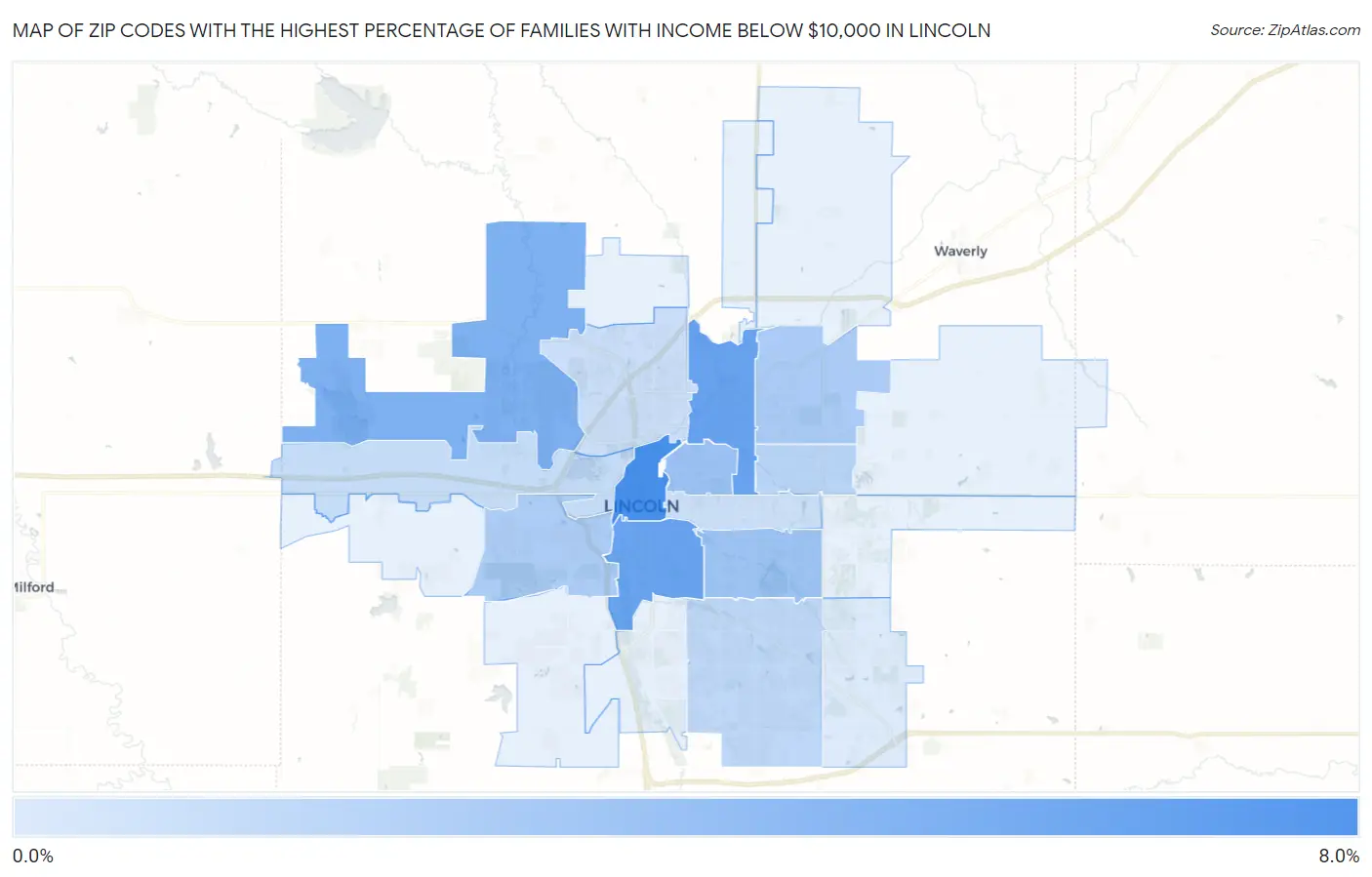 Zip Codes with the Highest Percentage of Families with Income Below $10,000 in Lincoln Map