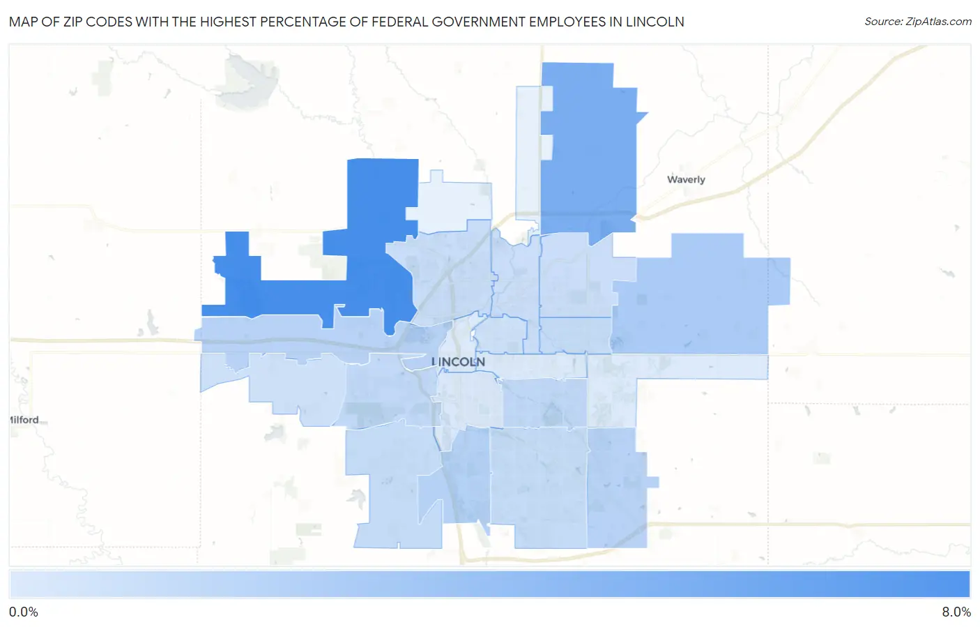 Zip Codes with the Highest Percentage of Federal Government Employees in Lincoln Map