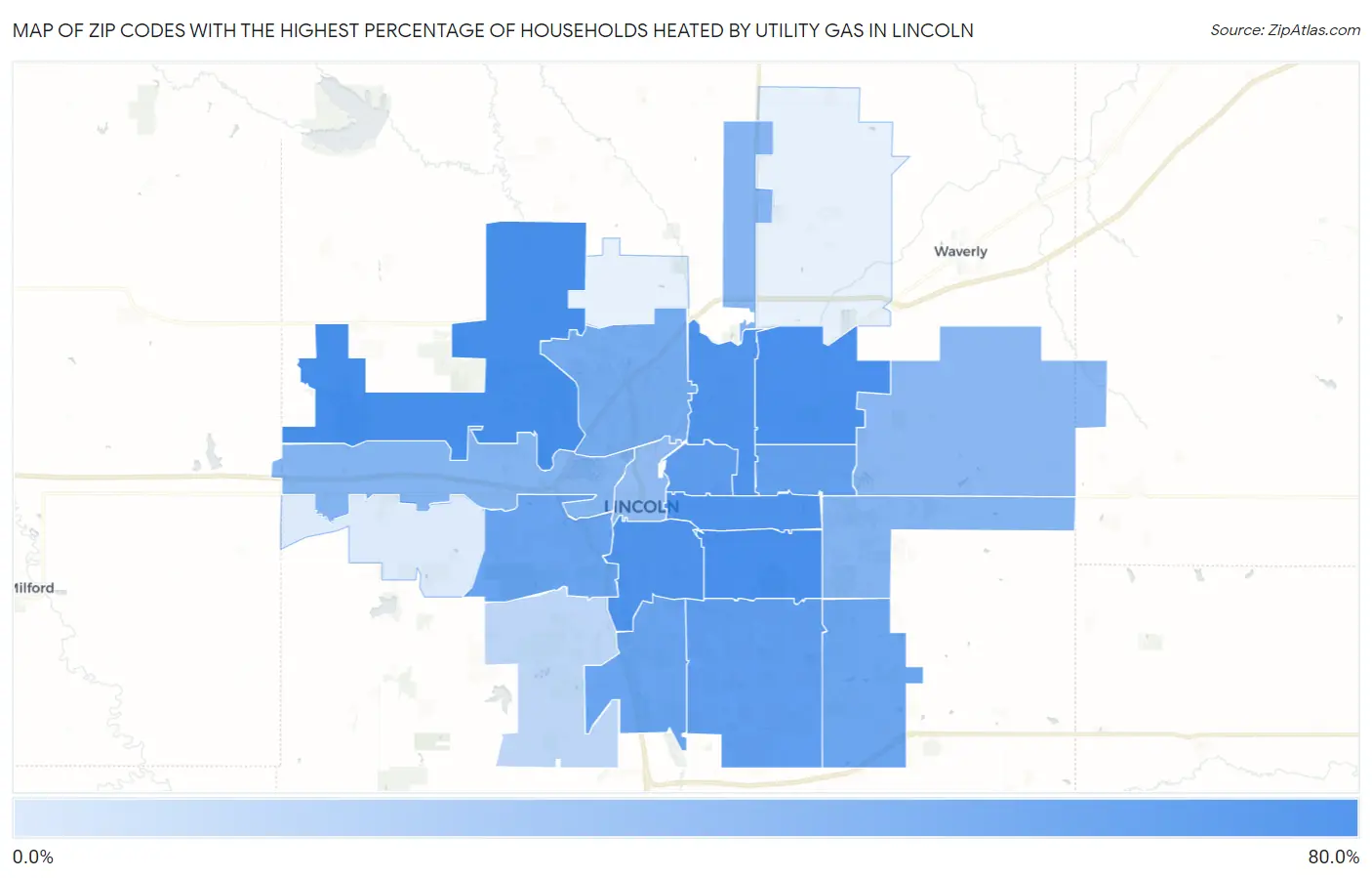 Zip Codes with the Highest Percentage of Households Heated by Utility Gas in Lincoln Map