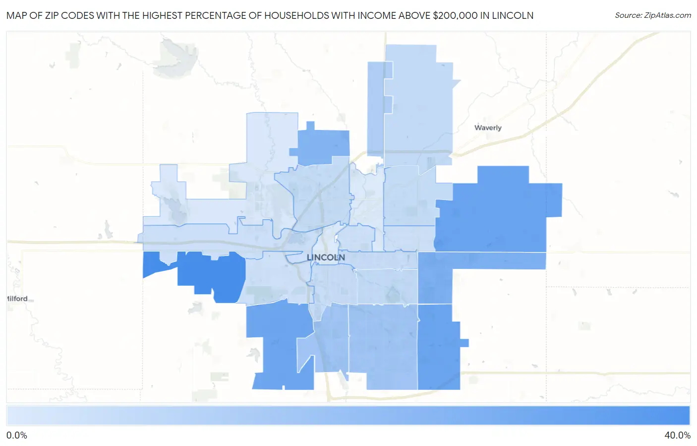 Zip Codes with the Highest Percentage of Households with Income Above $200,000 in Lincoln Map