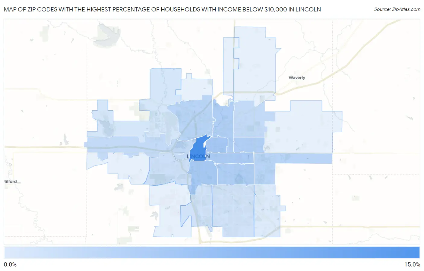 Zip Codes with the Highest Percentage of Households with Income Below $10,000 in Lincoln Map