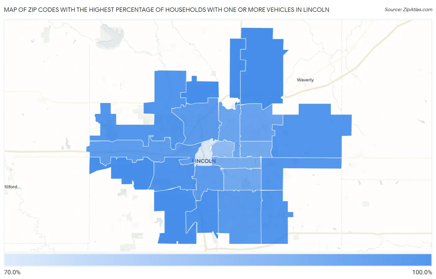 Zip Codes with the Highest Percentage of Households With One or more Vehicles in Lincoln Map