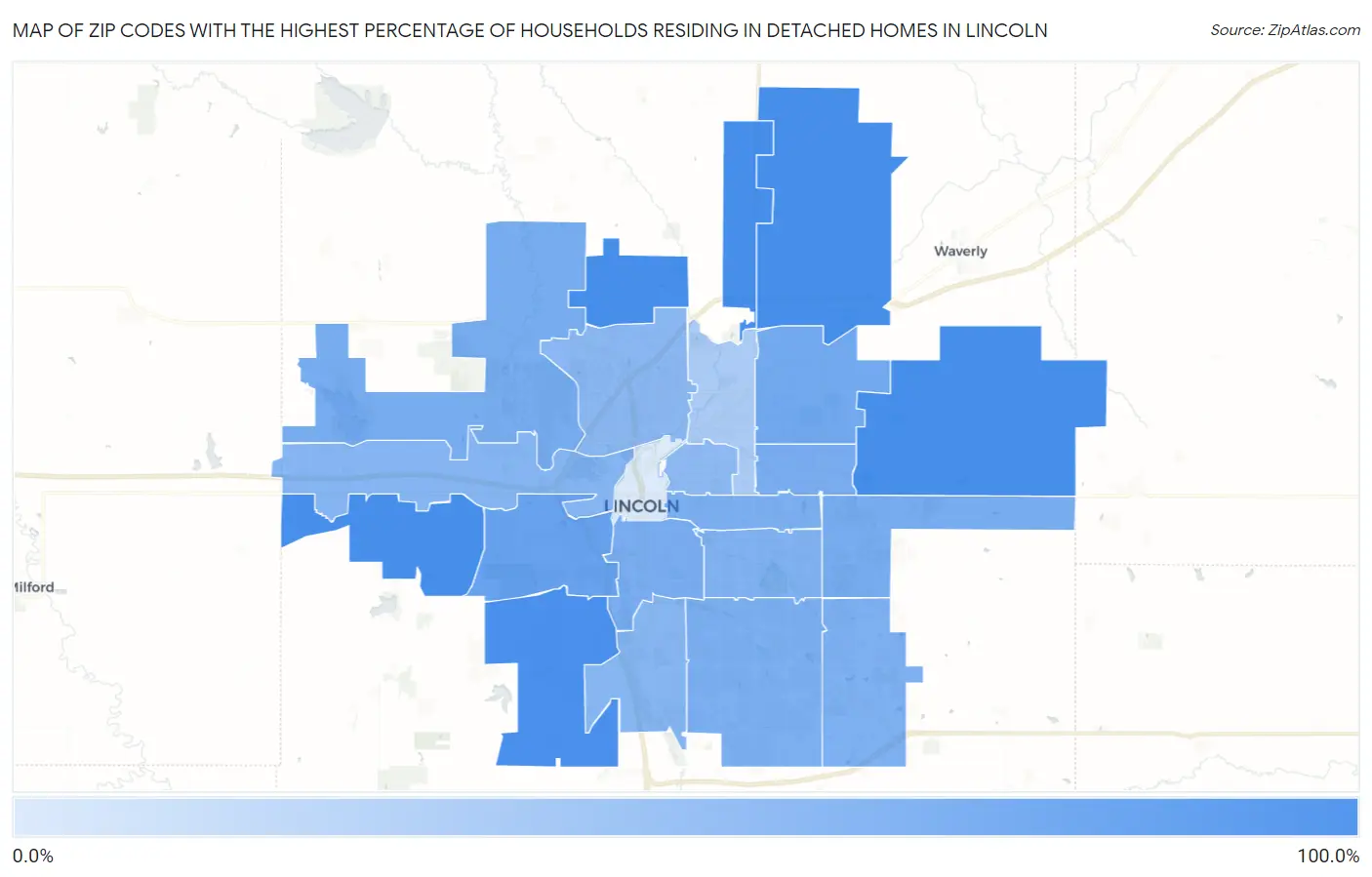 Zip Codes with the Highest Percentage of Households Residing in Detached Homes in Lincoln Map