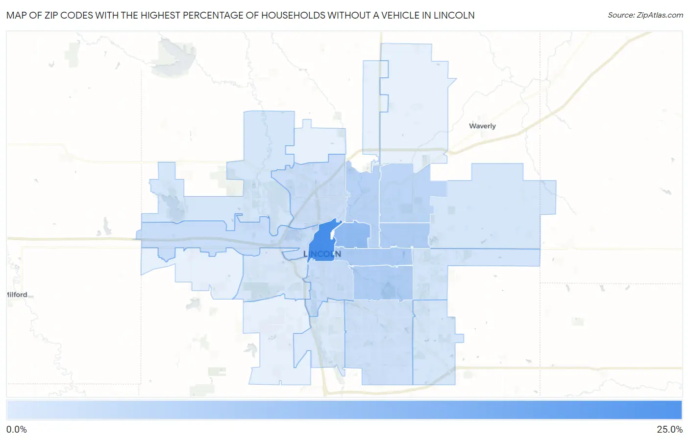 Zip Codes with the Highest Percentage of Households Without a Vehicle in Lincoln Map