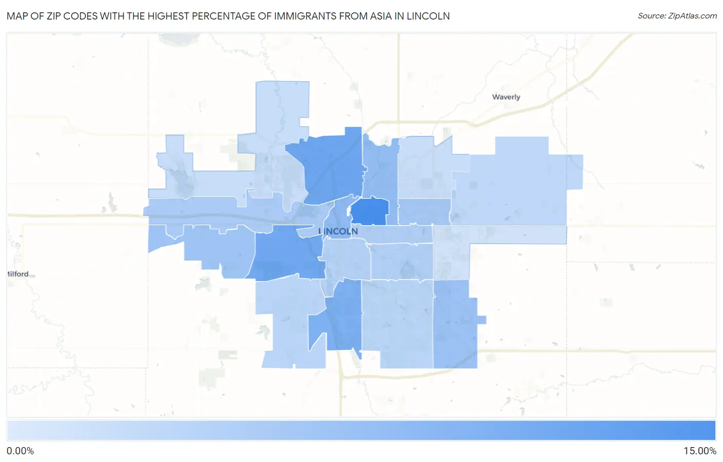 Zip Codes with the Highest Percentage of Immigrants from Asia in Lincoln Map