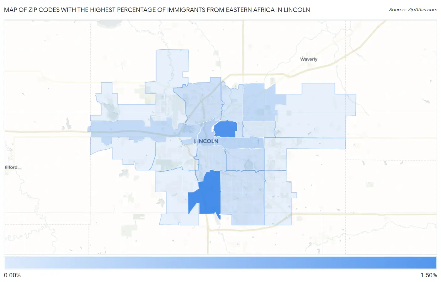 Zip Codes with the Highest Percentage of Immigrants from Eastern Africa in Lincoln Map