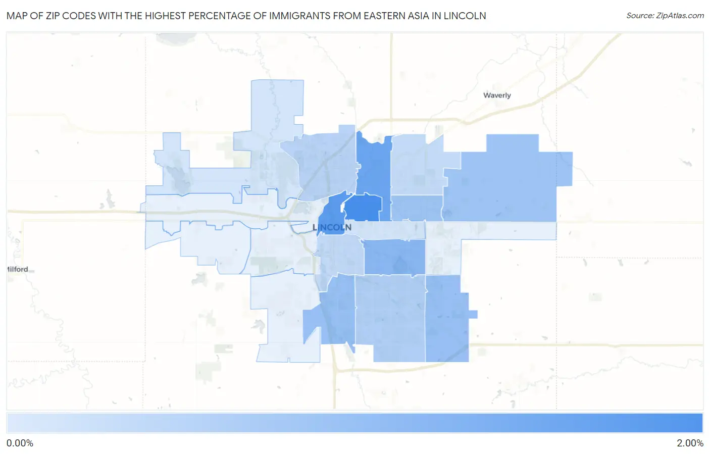 Zip Codes with the Highest Percentage of Immigrants from Eastern Asia in Lincoln Map