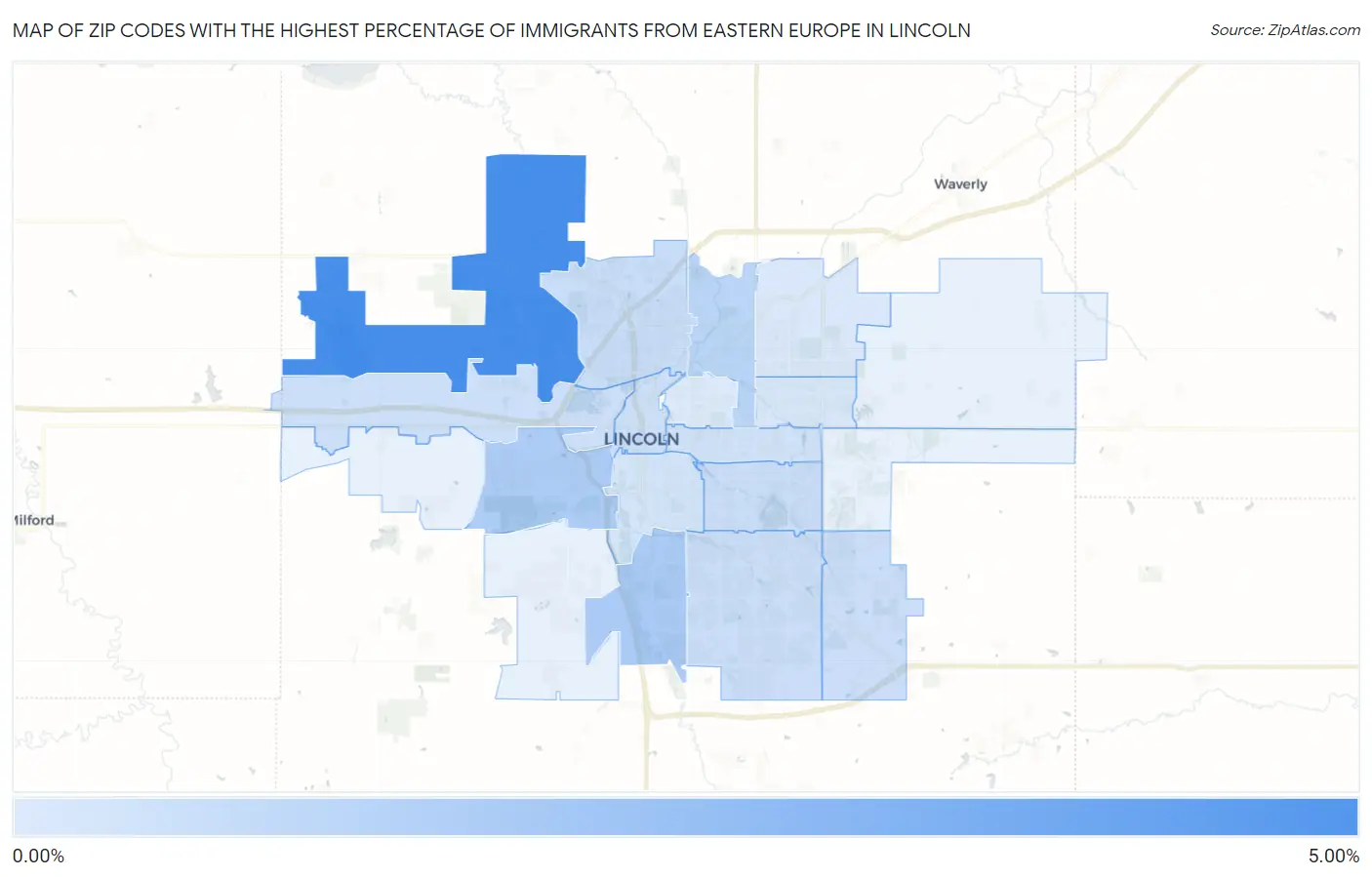 Zip Codes with the Highest Percentage of Immigrants from Eastern Europe in Lincoln Map
