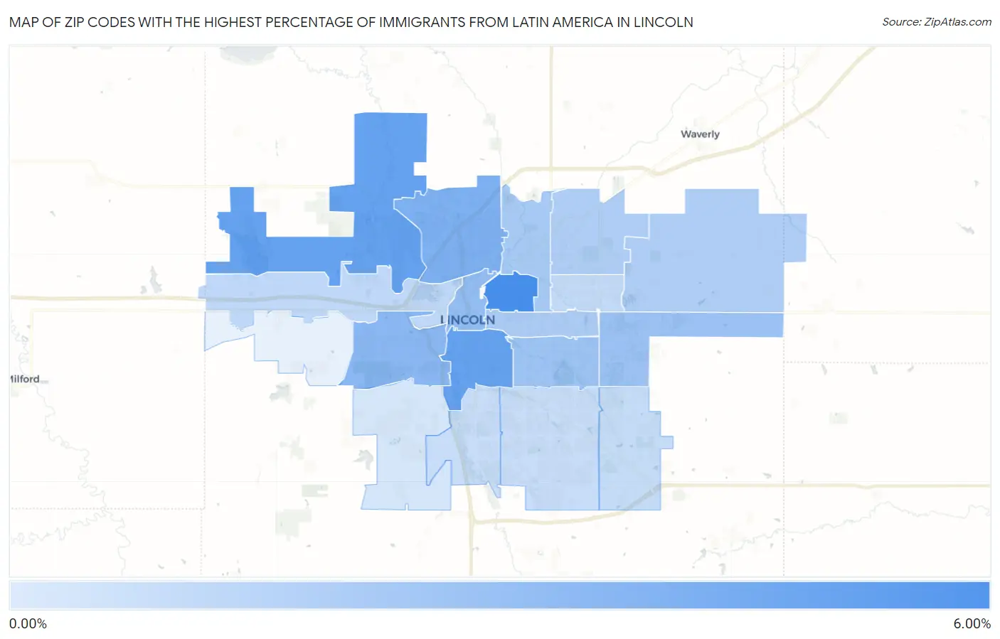 Zip Codes with the Highest Percentage of Immigrants from Latin America in Lincoln Map