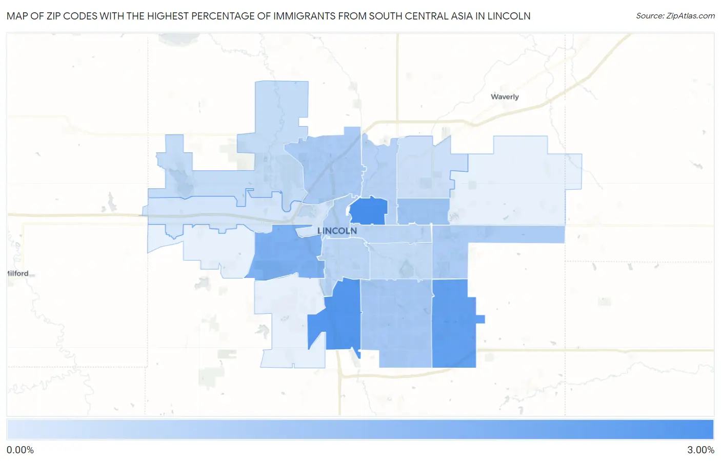Zip Codes with the Highest Percentage of Immigrants from South Central Asia in Lincoln Map