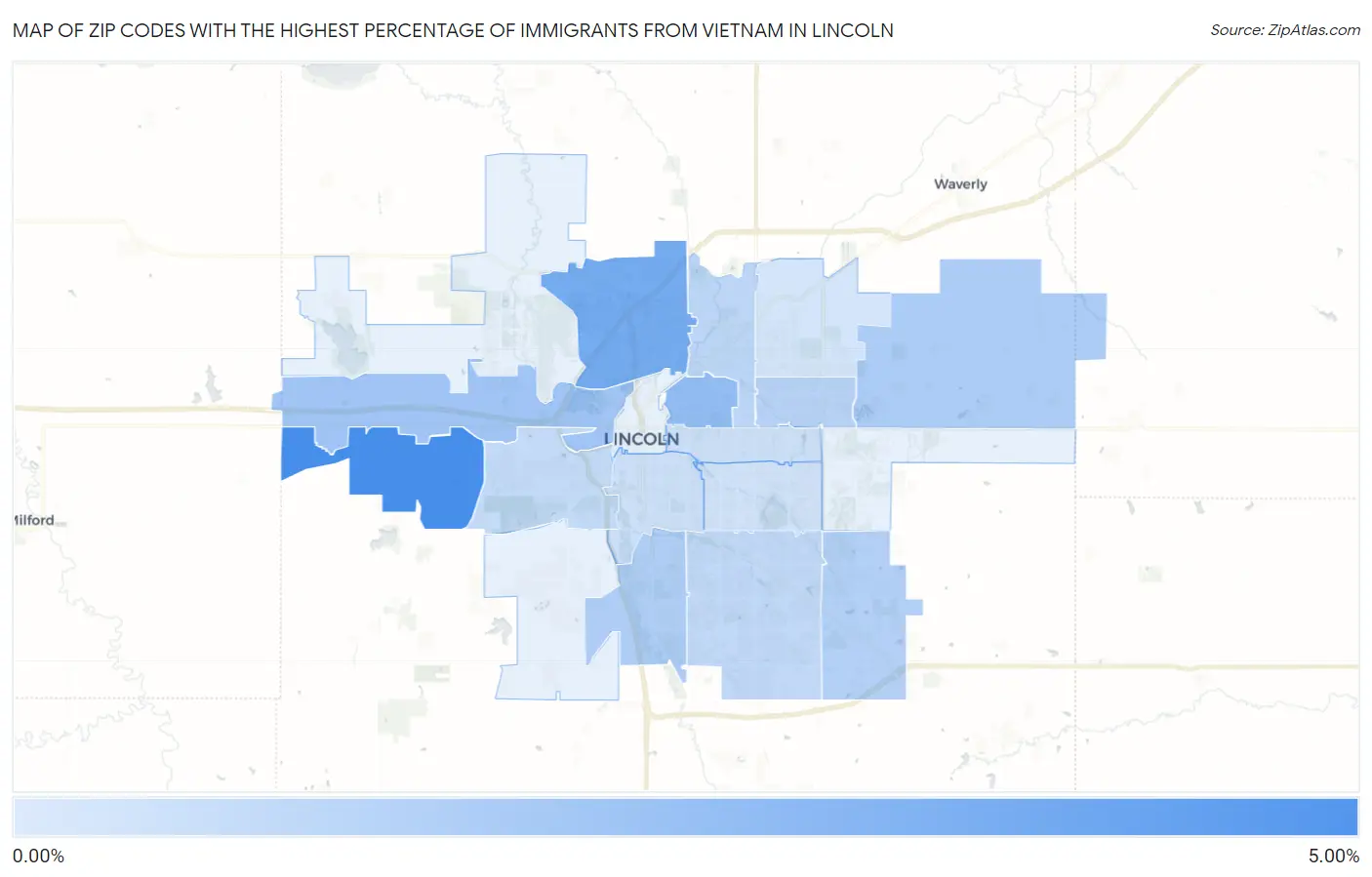 Zip Codes with the Highest Percentage of Immigrants from Vietnam in Lincoln Map