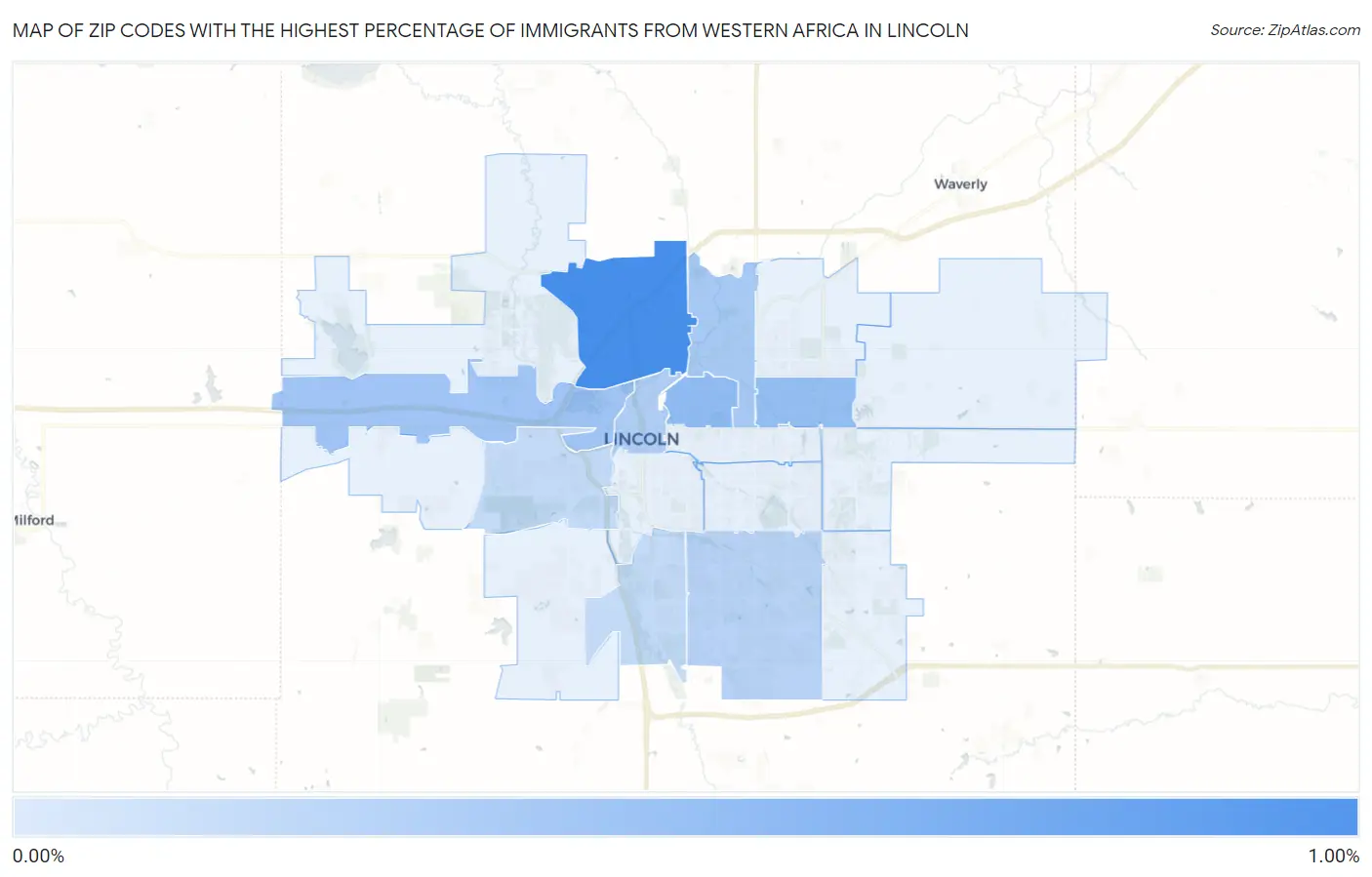 Zip Codes with the Highest Percentage of Immigrants from Western Africa in Lincoln Map