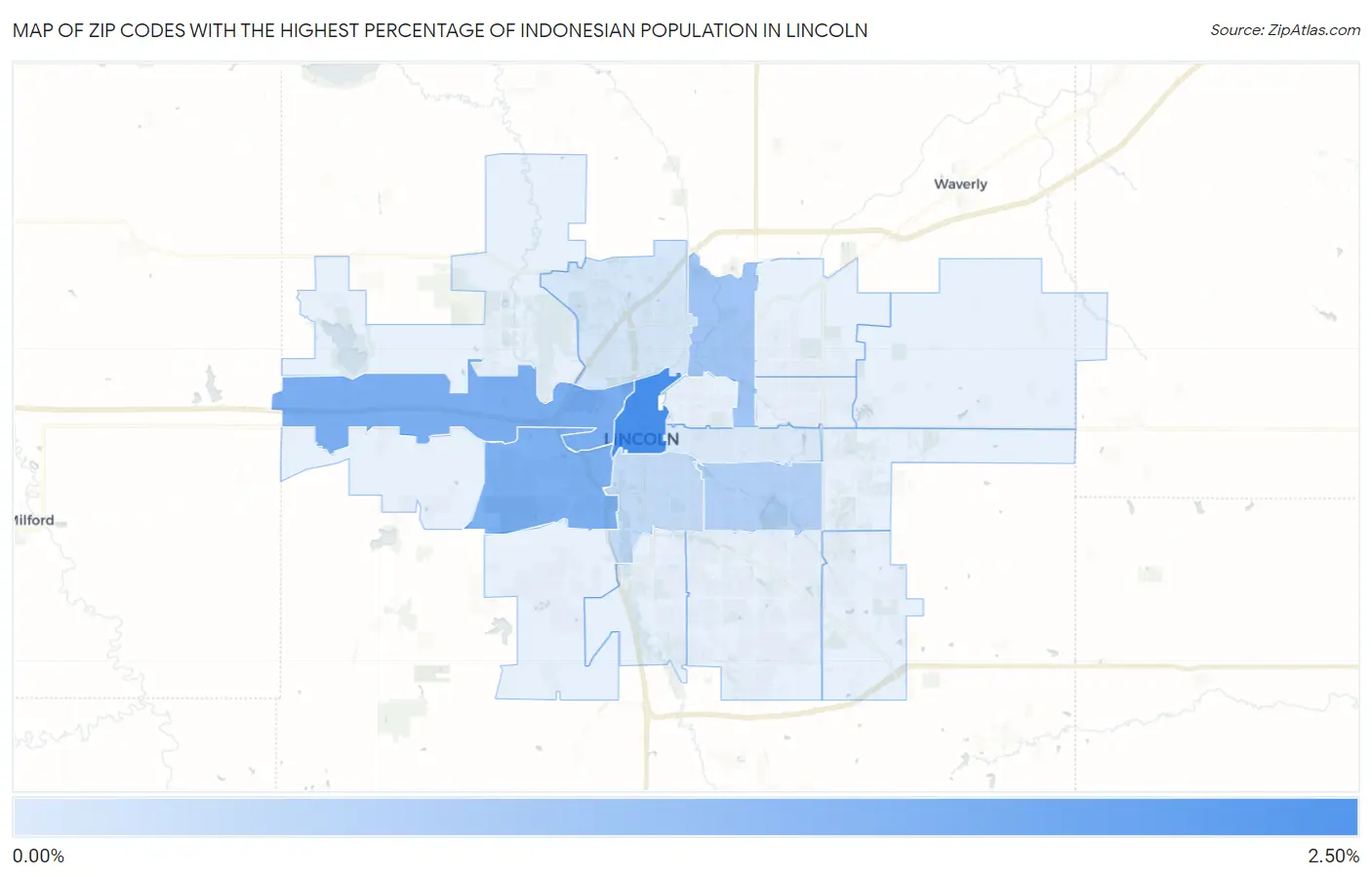 Zip Codes with the Highest Percentage of Indonesian Population in Lincoln Map