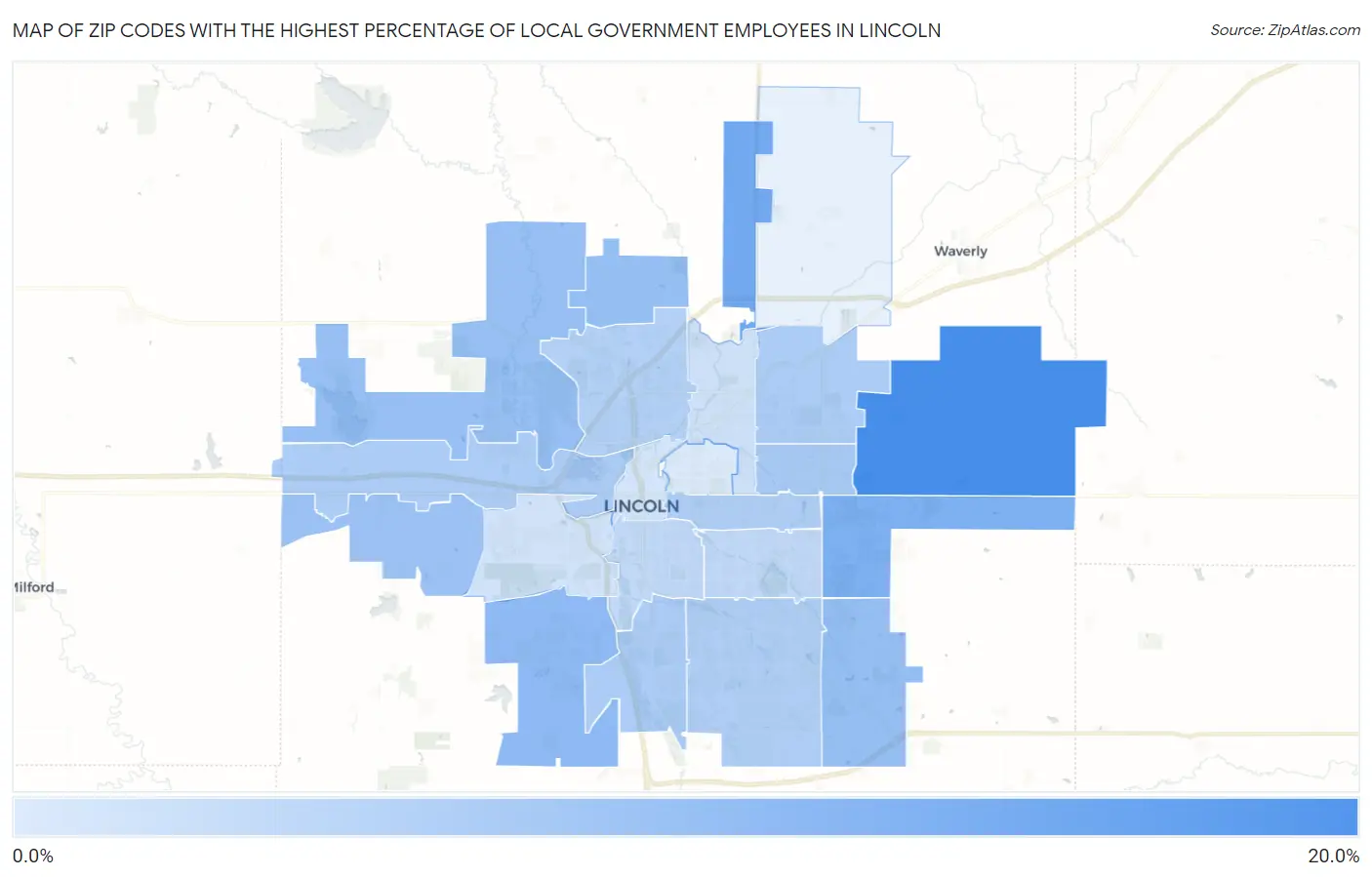Zip Codes with the Highest Percentage of Local Government Employees in Lincoln Map