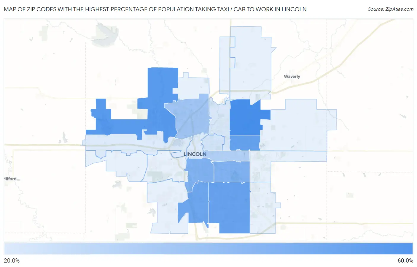 Zip Codes with the Highest Percentage of Population Taking Taxi / Cab to Work in Lincoln Map