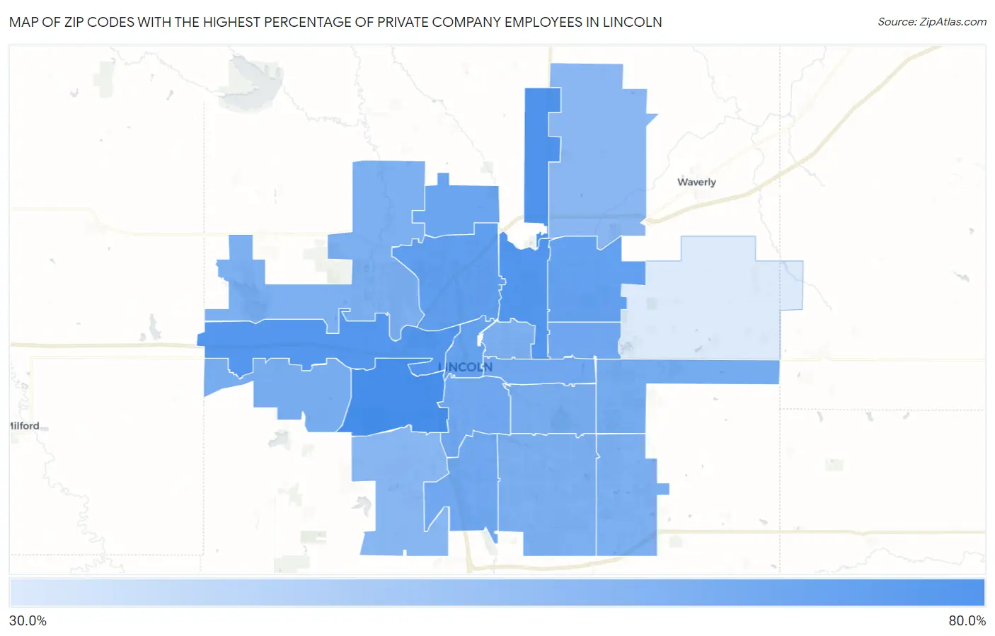 Zip Codes with the Highest Percentage of Private Company Employees in Lincoln Map