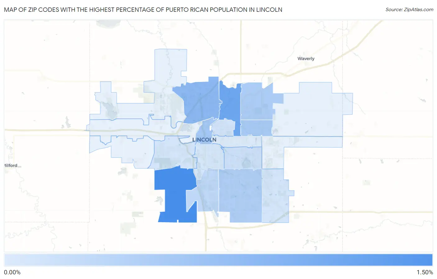 Zip Codes with the Highest Percentage of Puerto Rican Population in Lincoln Map