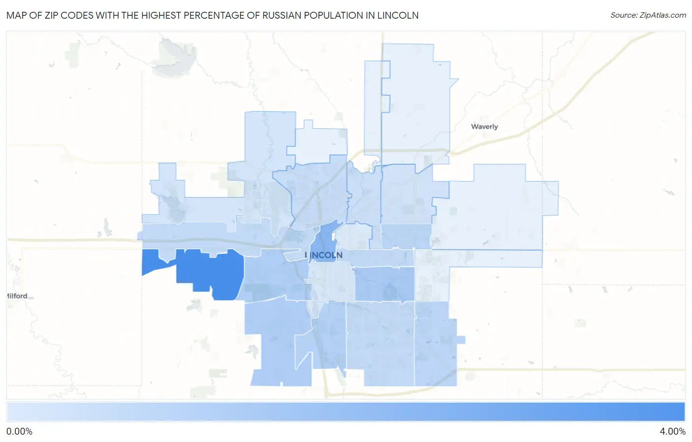 Zip Codes with the Highest Percentage of Russian Population in Lincoln Map