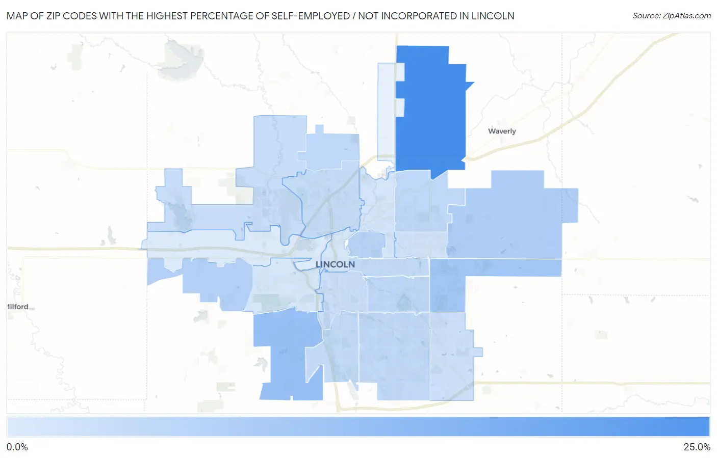 Zip Codes with the Highest Percentage of Self-Employed / Not Incorporated in Lincoln Map