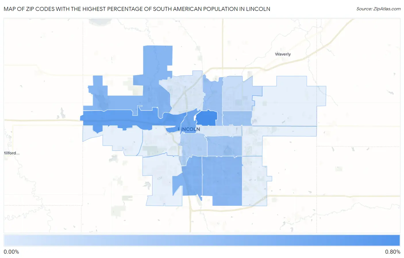 Zip Codes with the Highest Percentage of South American Population in Lincoln Map