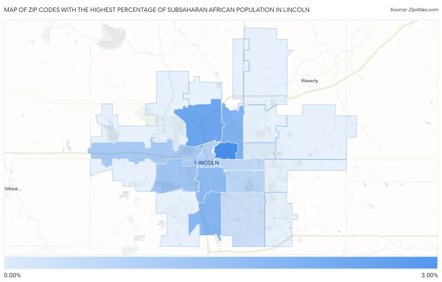 Zip Codes with the Highest Percentage of Subsaharan African Population in Lincoln Map