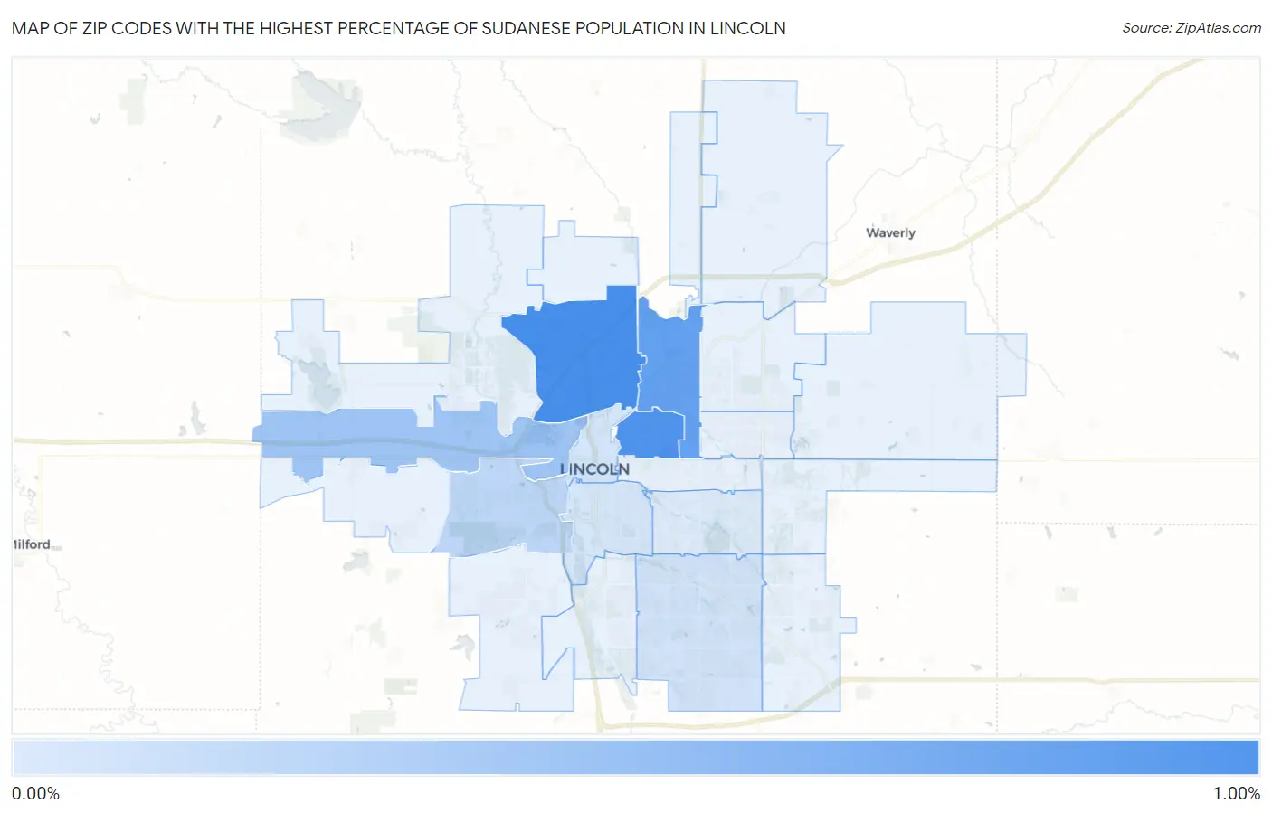 Zip Codes with the Highest Percentage of Sudanese Population in Lincoln Map