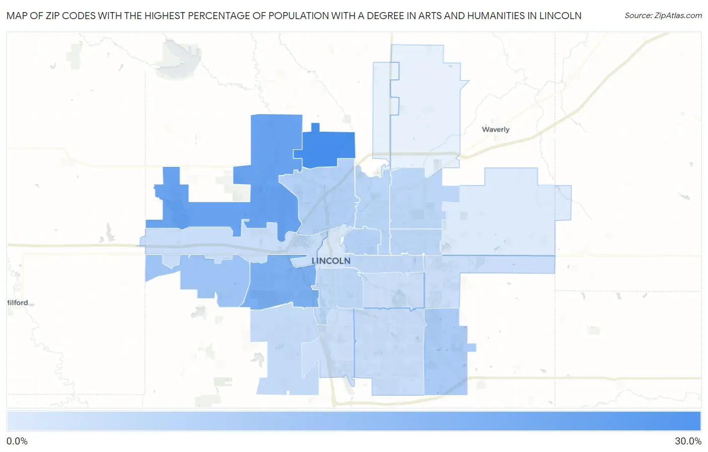 Zip Codes with the Highest Percentage of Population with a Degree in Arts and Humanities in Lincoln Map