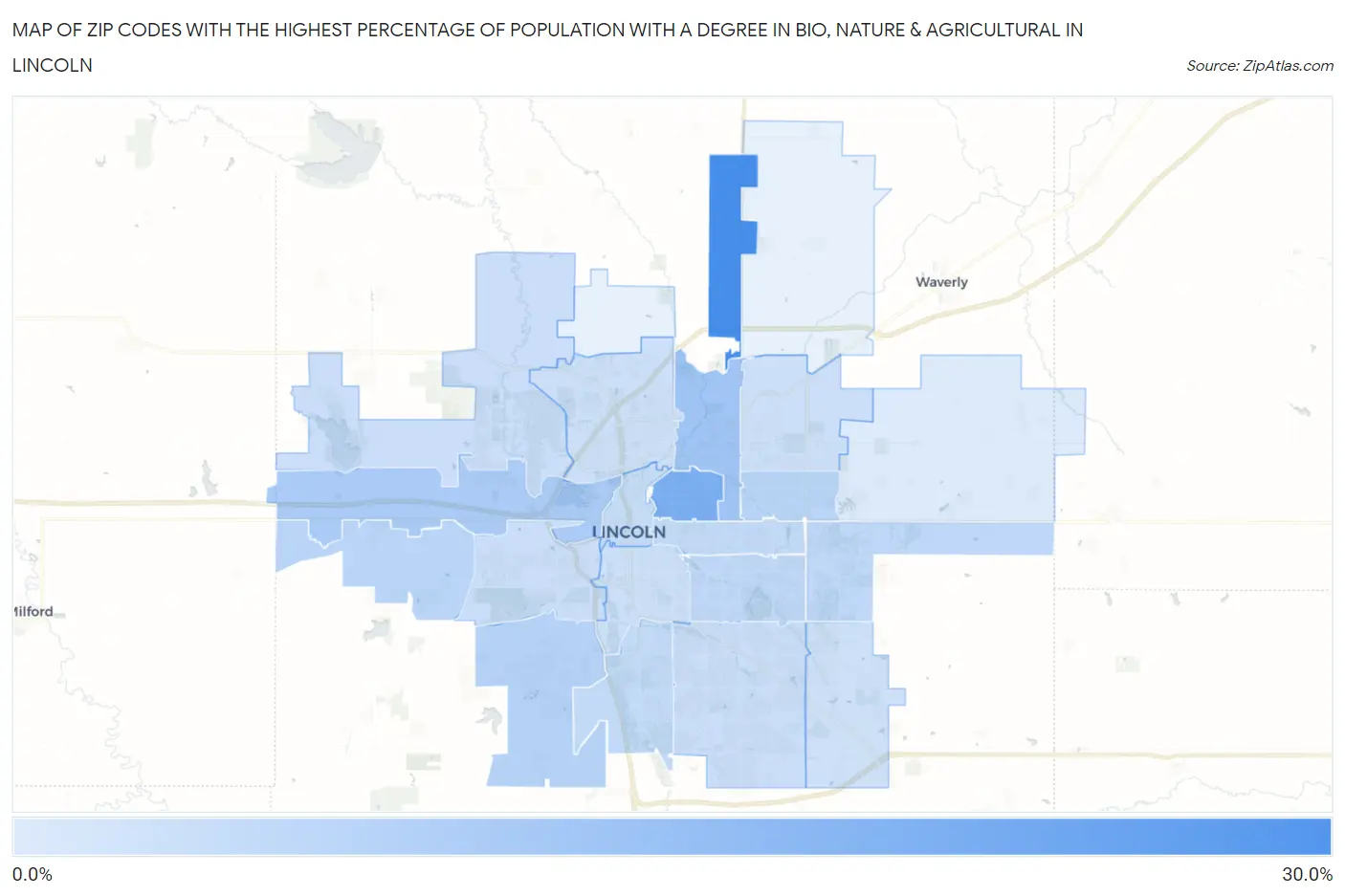 Zip Codes with the Highest Percentage of Population with a Degree in Bio, Nature & Agricultural in Lincoln Map