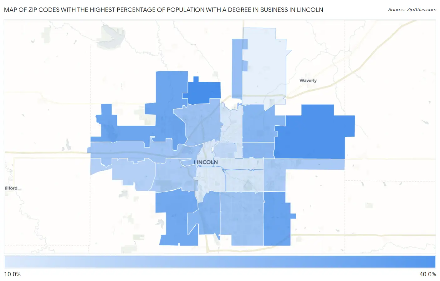 Zip Codes with the Highest Percentage of Population with a Degree in Business in Lincoln Map